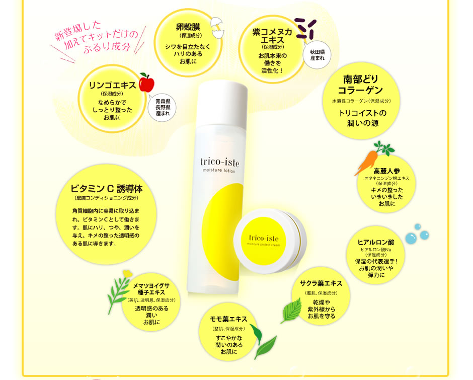 新登場した加えてキットだけのぷるり成分/リンゴエキス・卵殻膜（保湿成分）・紫コメヌカエキス（保湿成分）・南部どりコラーゲン・高麗人参・ヒアルロン酸・サクラ葉エキス・モモ葉エキス・メマツヨイグサ種子エキス・ビタミンC誘導体