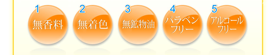 １、無香料・２、無着色・３、無鉱物油・４、パラベンフリー・５、アルコールフリー