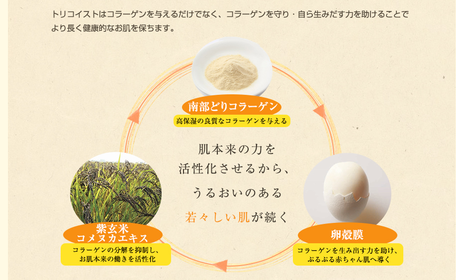 鶏コラーゲンでたまごのようにぷるりとした肌に！原料は健康で安全な南部どり