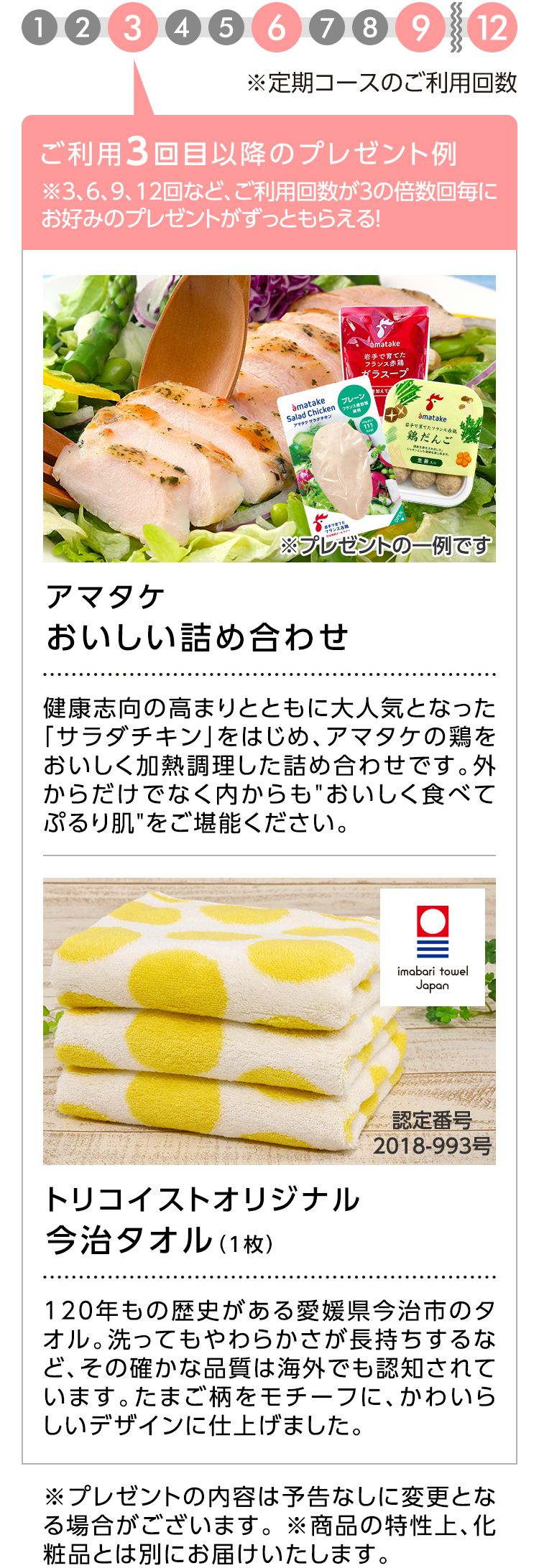 ご利用3回目以降のプレゼント※3、6、9、12回など、ご利用回数が3の倍数回毎南部どり加工品のおいしい詰め合わせ